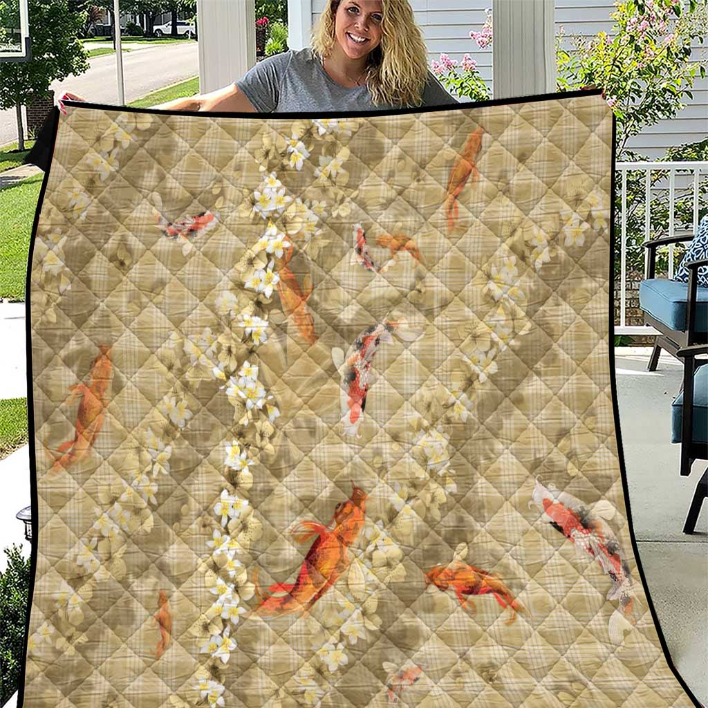 Beige Palaka Hawaiian And Japanese Quilt Sakura Lei With Koi Fish DT05 Beige - Polynesian Pride