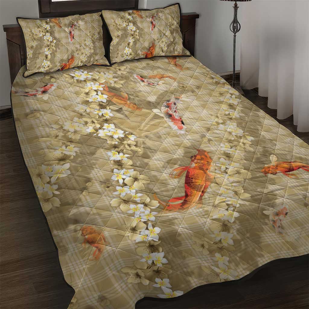 Beige Palaka Hawaiian And Japanese Quilt Bed Set Sakura Lei With Koi Fish - Polynesian Pride