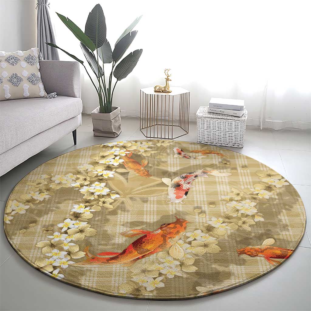 Beige Palaka Hawaiian And Japanese Round Carpet Sakura Lei With Koi Fish - Polynesian Pride