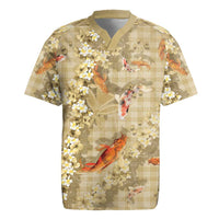 Beige Palaka Hawaiian And Japanese Rugby Jersey Sakura Lei With Koi Fish - Polynesian Pride