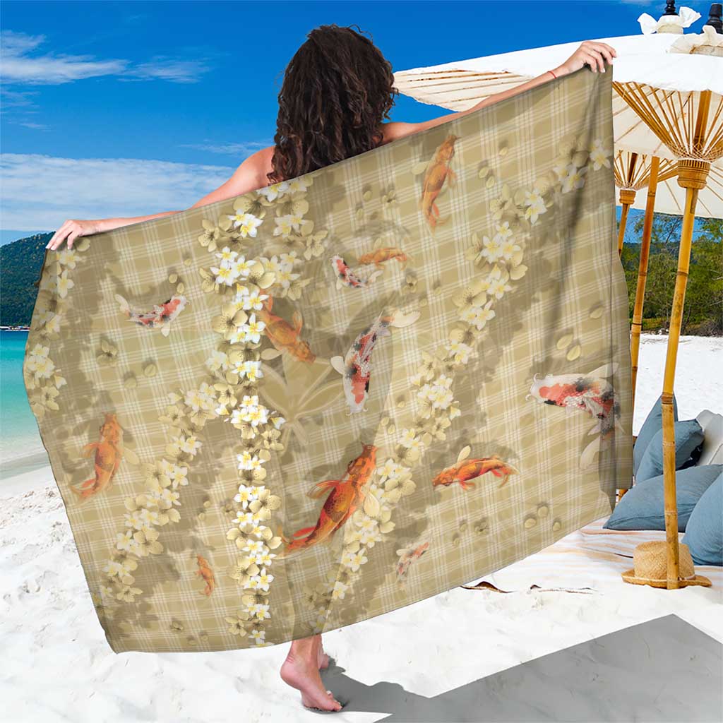 Beige Palaka Hawaiian And Japanese Sarong Sakura Lei With Koi Fish DT05 One Size 44 x 66 inches Beige - Polynesian Pride