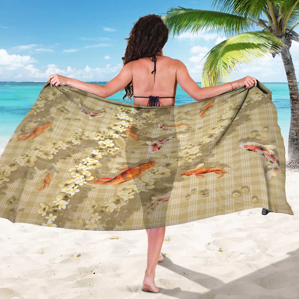 Beige Palaka Hawaiian And Japanese Sarong Sakura Lei With Koi Fish - Polynesian Pride