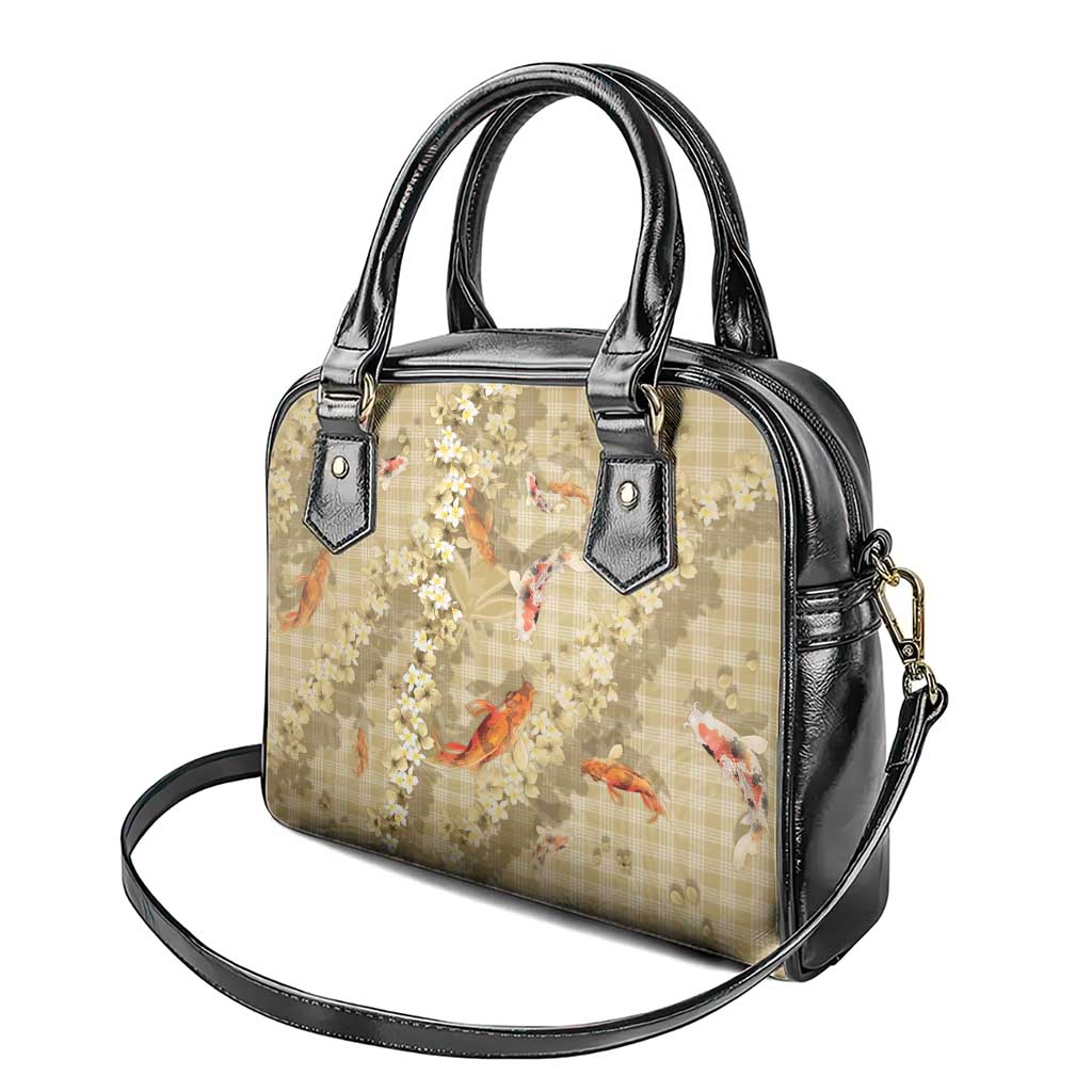 Beige Palaka Hawaiian And Japanese Shoulder Handbag Sakura Lei With Koi Fish - Polynesian Pride