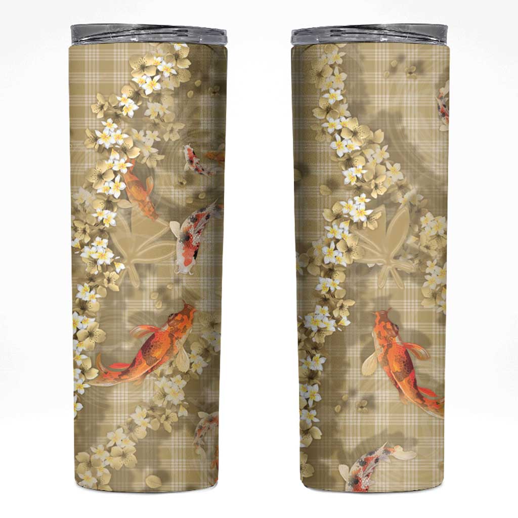 Beige Palaka Hawaiian And Japanese Skinny Tumbler Sakura Lei With Koi Fish - Polynesian Pride