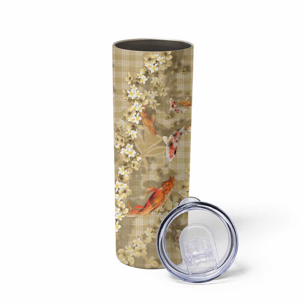 Beige Palaka Hawaiian And Japanese Skinny Tumbler Sakura Lei With Koi Fish - Polynesian Pride