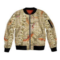Beige Palaka Hawaiian And Japanese Sleeve Zip Bomber Jacket Sakura Lei With Koi Fish - Polynesian Pride