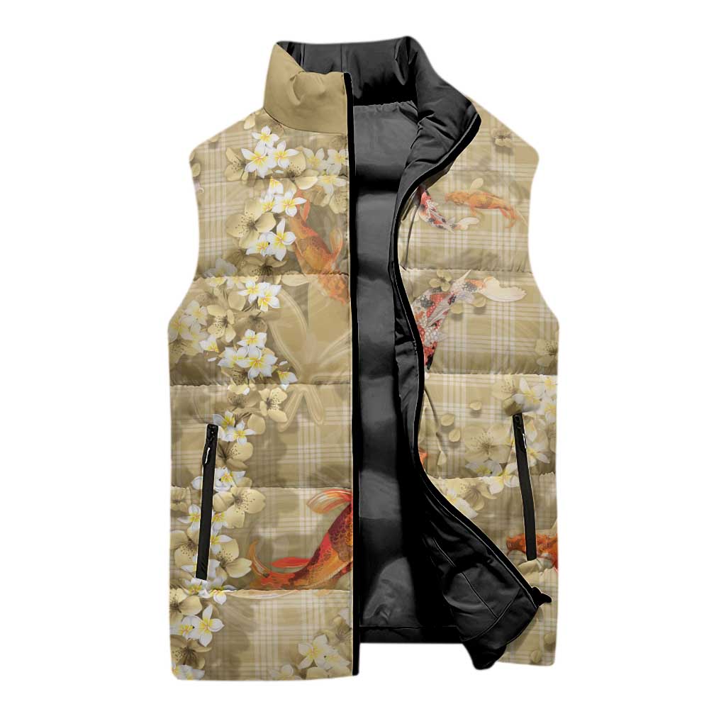 Beige Palaka Hawaiian And Japanese Sleeveless Puffer Jacket Sakura Lei With Koi Fish DT05 - Polynesian Pride
