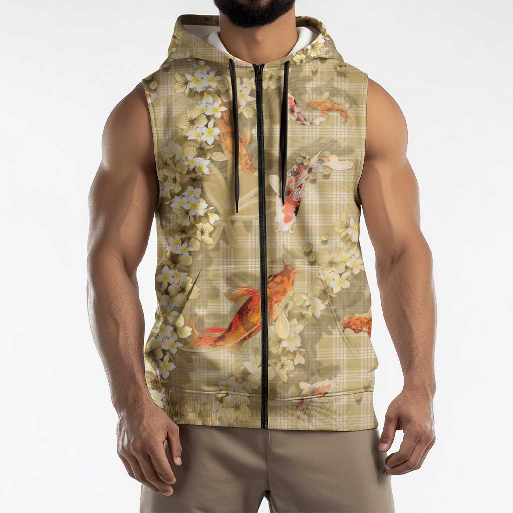 Beige Palaka Hawaiian And Japanese Sleeveless Zip Hoodie Sakura Lei With Koi Fish - Polynesian Pride