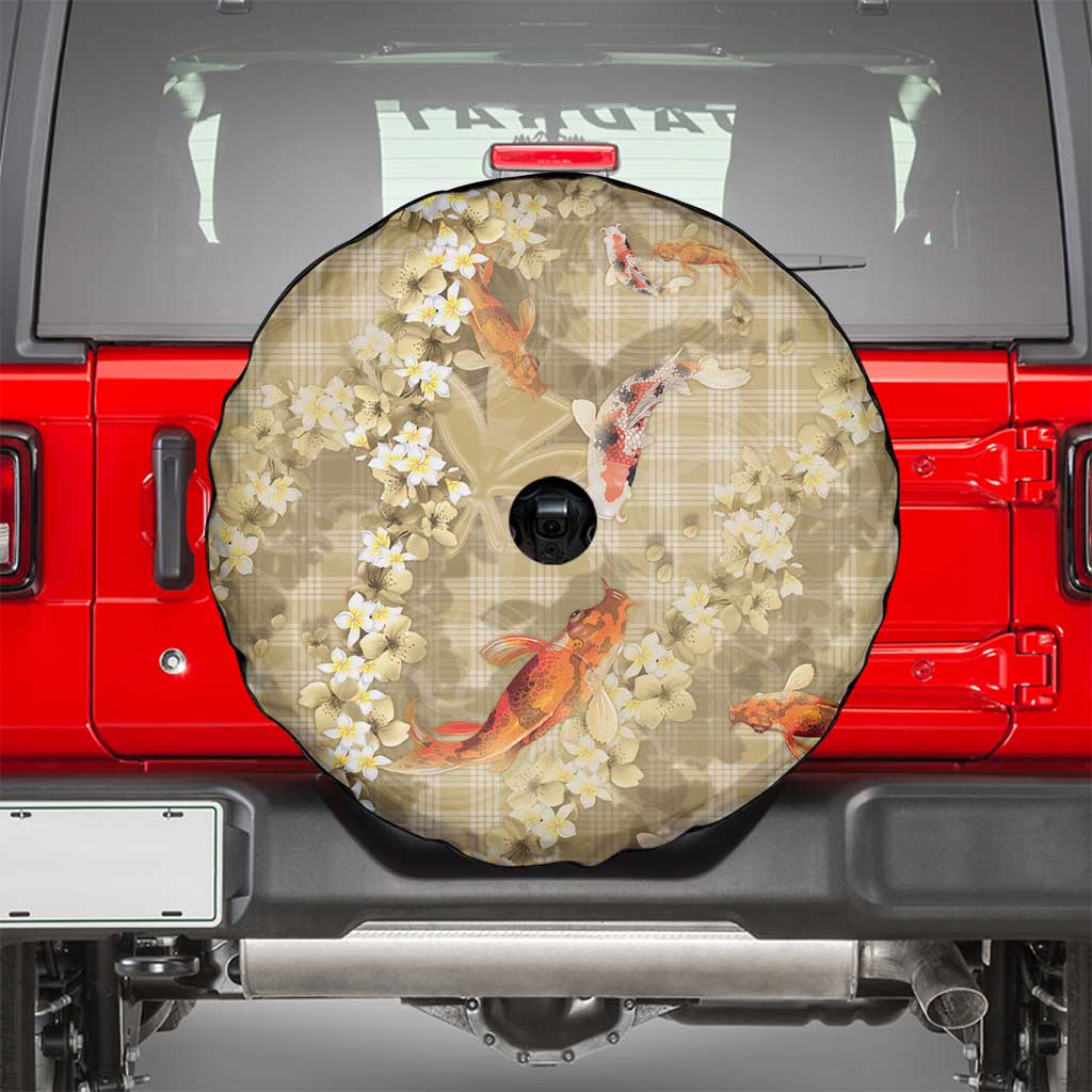 Beige Palaka Hawaiian And Japanese Spare Tire Cover Sakura Lei With Koi Fish - Polynesian Pride