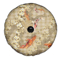 Beige Palaka Hawaiian And Japanese Spare Tire Cover Sakura Lei With Koi Fish - Polynesian Pride