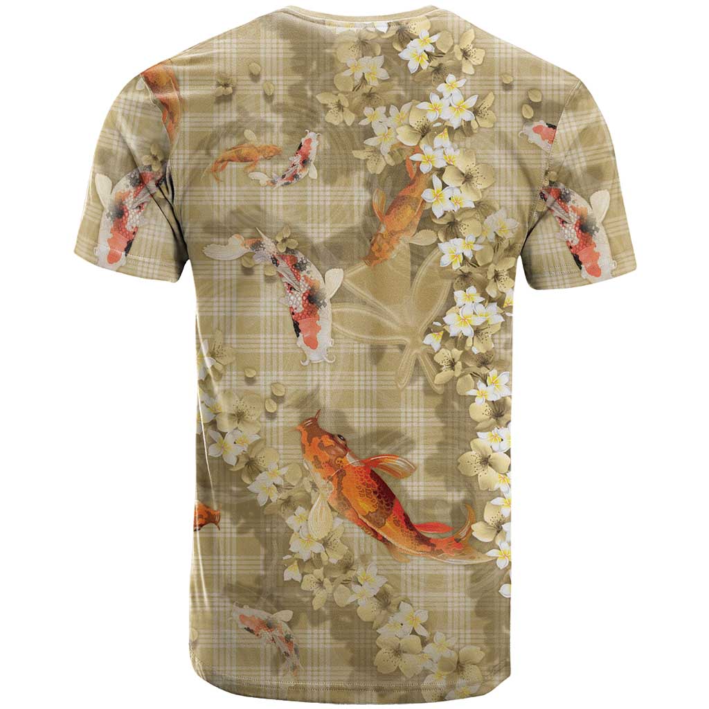 Beige Palaka Hawaiian And Japanese T Shirt Sakura Lei With Koi Fish - Polynesian Pride