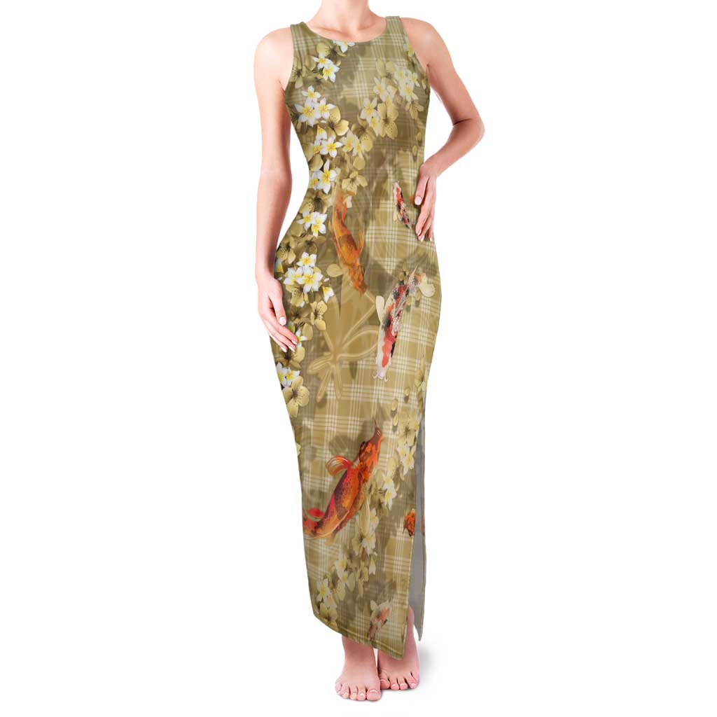 Beige Palaka Hawaiian And Japanese Tank Maxi Dress Sakura Lei With Koi Fish DT05 Women Beige - Polynesian Pride