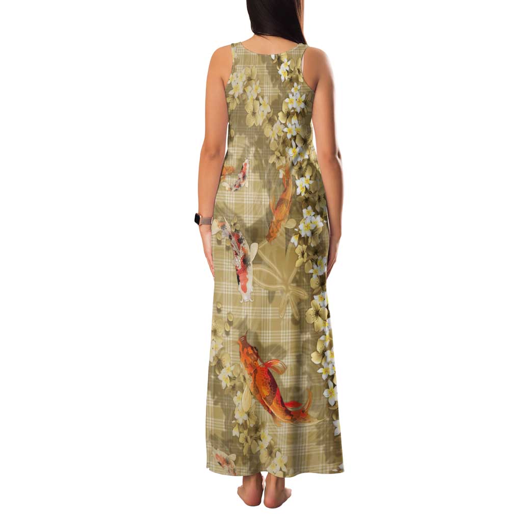 Beige Palaka Hawaiian And Japanese Tank Maxi Dress Sakura Lei With Koi Fish DT05 - Polynesian Pride