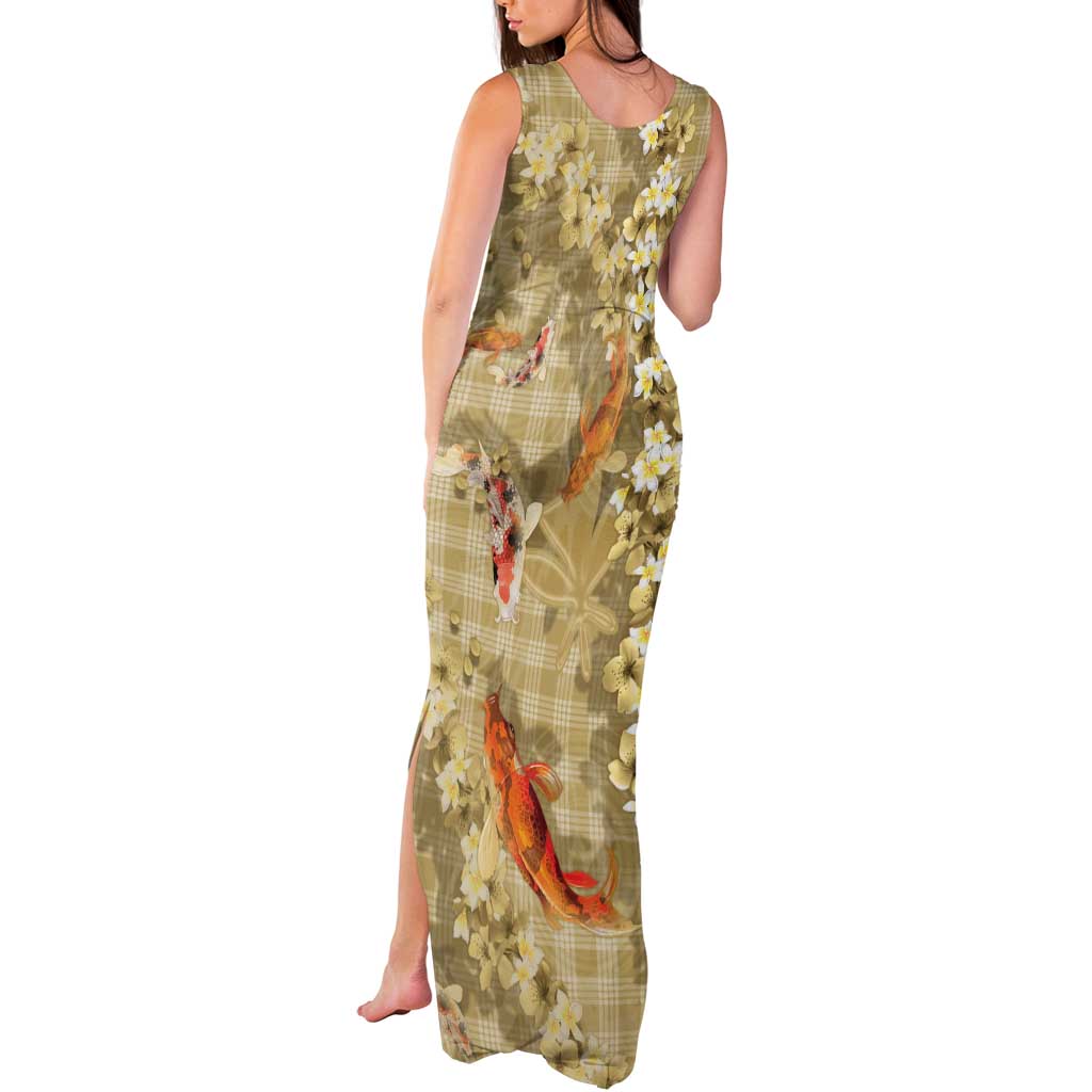 Beige Palaka Hawaiian And Japanese Tank Maxi Dress Sakura Lei With Koi Fish DT05 - Polynesian Pride