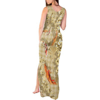 Beige Palaka Hawaiian And Japanese Tank Maxi Dress Sakura Lei With Koi Fish DT05 - Polynesian Pride