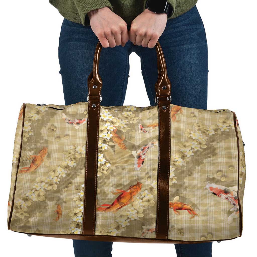 Beige Palaka Hawaiian And Japanese Travel Bag Sakura Lei With Koi Fish - Polynesian Pride