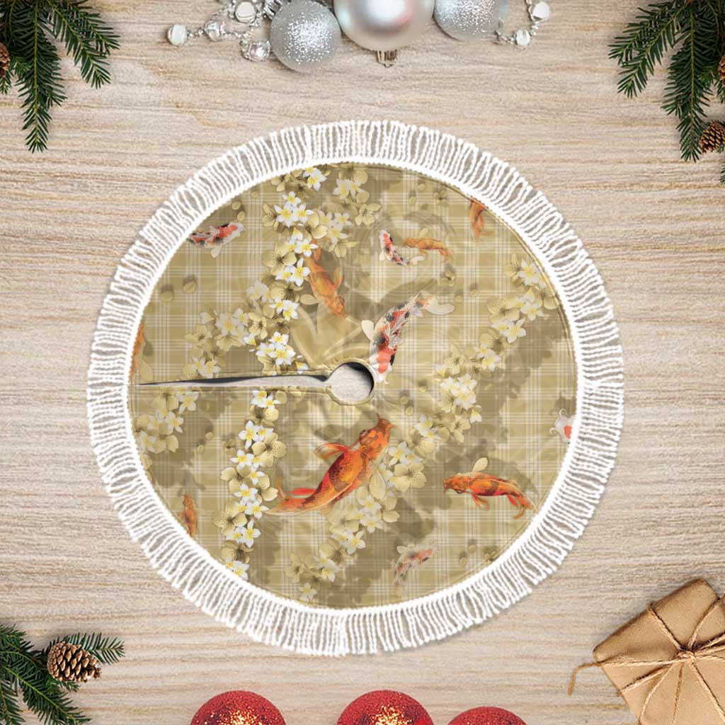 Beige Palaka Hawaiian And Japanese Tree Skirt Sakura Lei With Koi Fish - Polynesian Pride