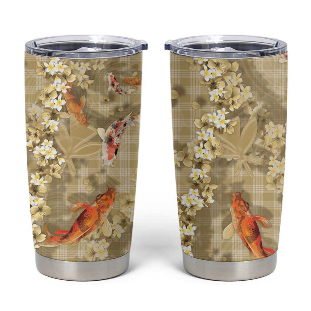 Beige Palaka Hawaiian And Japanese Tumbler Cup Sakura Lei With Koi Fish - Polynesian Pride