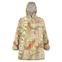 Beige Palaka Hawaiian And Japanese Wearable Blanket Hoodie Sakura Lei With Koi Fish - Polynesian Pride