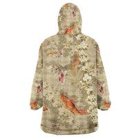 Beige Palaka Hawaiian And Japanese Wearable Blanket Hoodie Sakura Lei With Koi Fish - Polynesian Pride