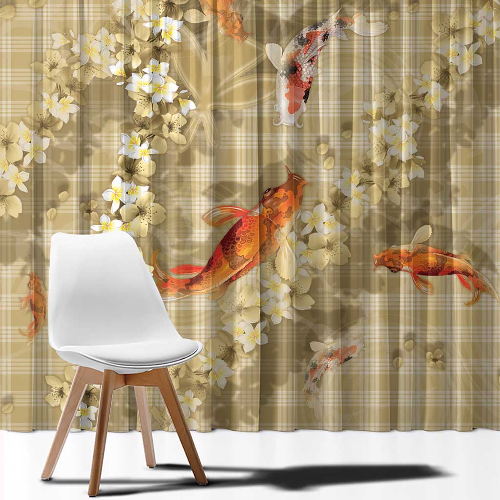 Beige Palaka Hawaiian And Japanese Window Curtain Sakura Lei With Koi Fish - Polynesian Pride