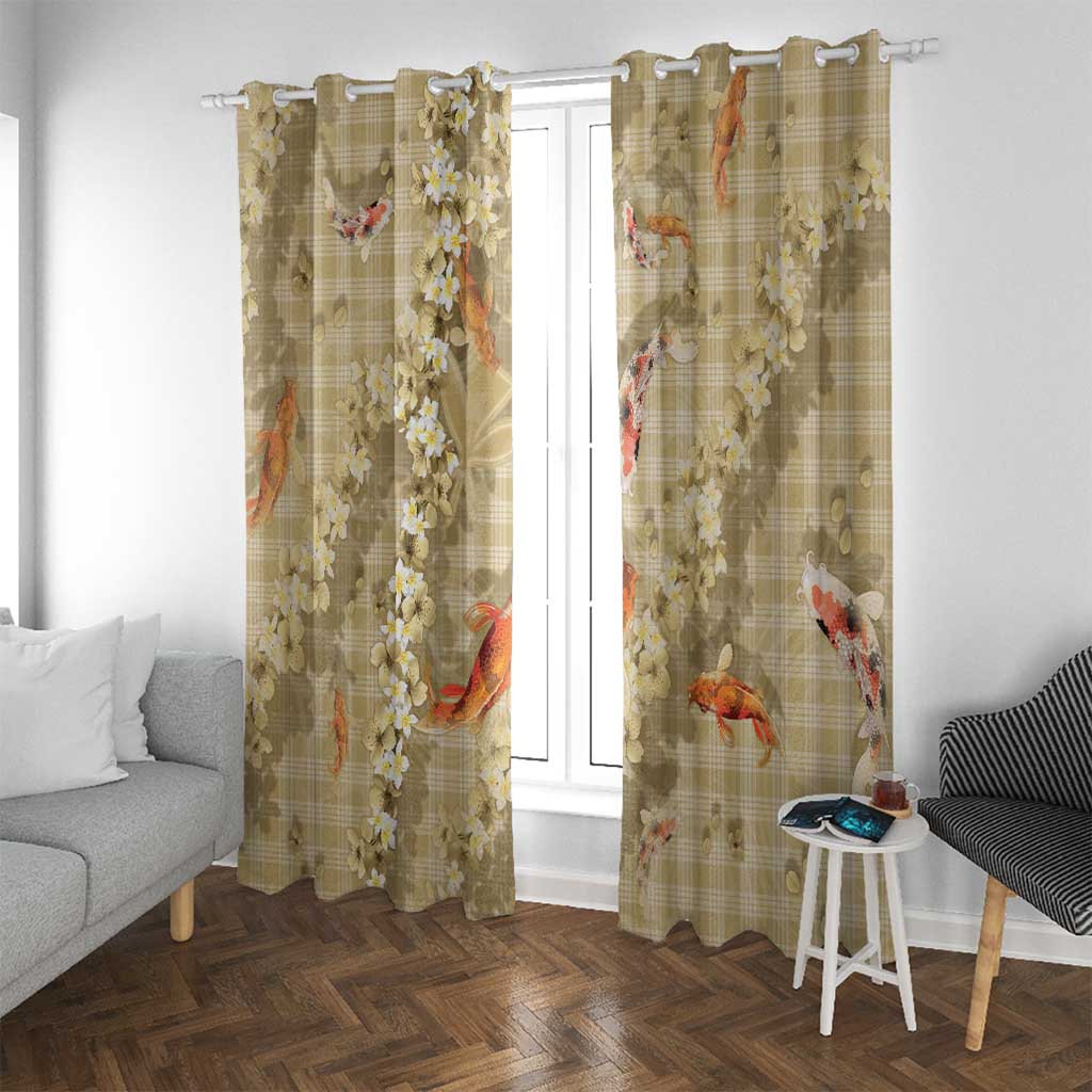 Beige Palaka Hawaiian And Japanese Window Curtain Sakura Lei With Koi Fish - Polynesian Pride