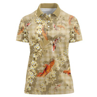 Beige Palaka Hawaiian And Japanese Women Polo Shirt Sakura Lei With Koi Fish - Polynesian Pride