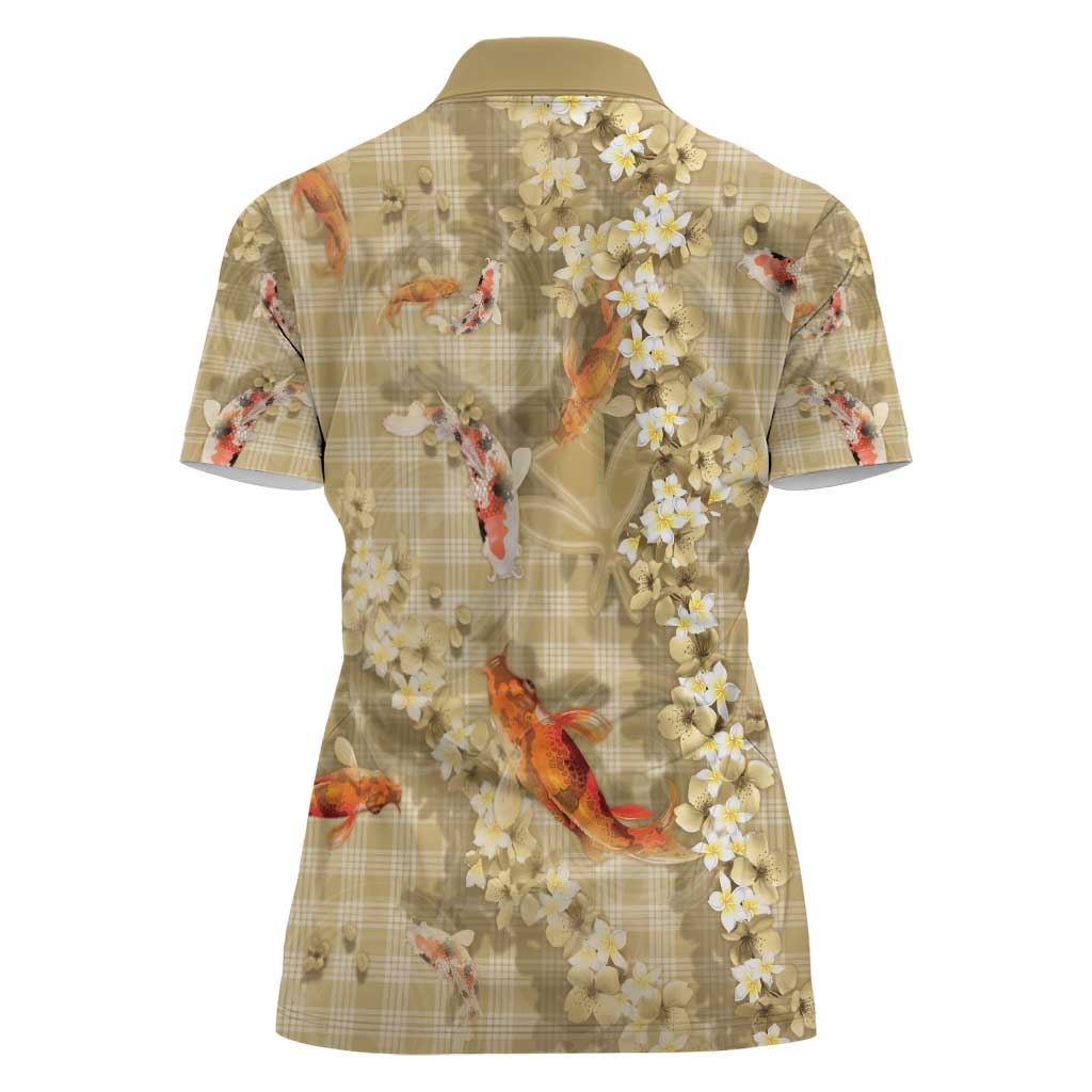 Beige Palaka Hawaiian And Japanese Women Polo Shirt Sakura Lei With Koi Fish - Polynesian Pride