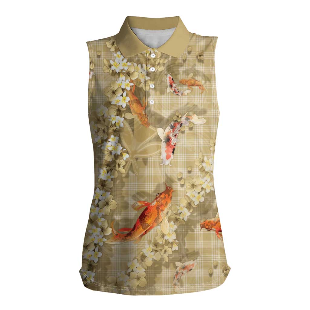 Beige Palaka Hawaiian And Japanese Women Sleeveless Polo Shirt Sakura Lei With Koi Fish - Polynesian Pride