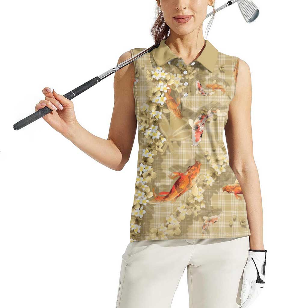 Beige Palaka Hawaiian And Japanese Women Sleeveless Polo Shirt Sakura Lei With Koi Fish - Polynesian Pride