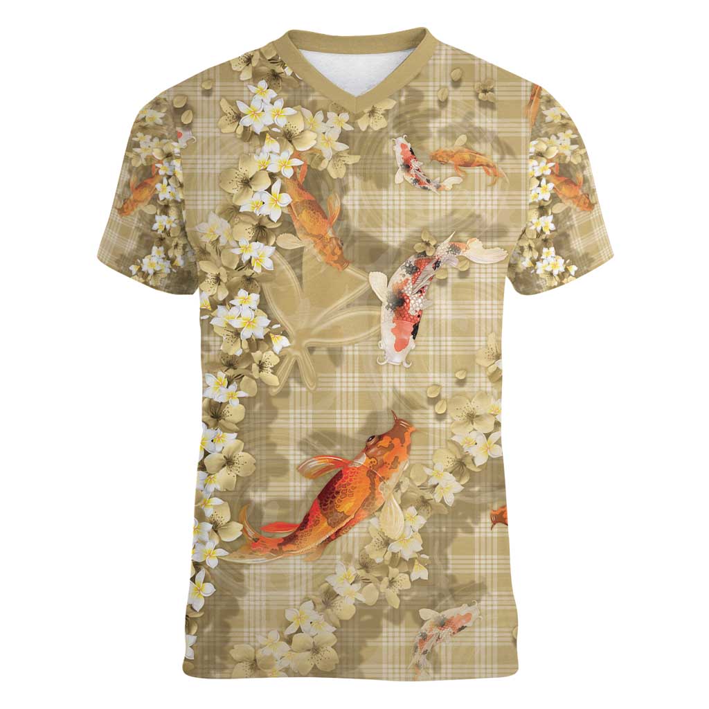 Beige Palaka Hawaiian And Japanese Women V-Neck T-Shirt Sakura Lei With Koi Fish - Polynesian Pride