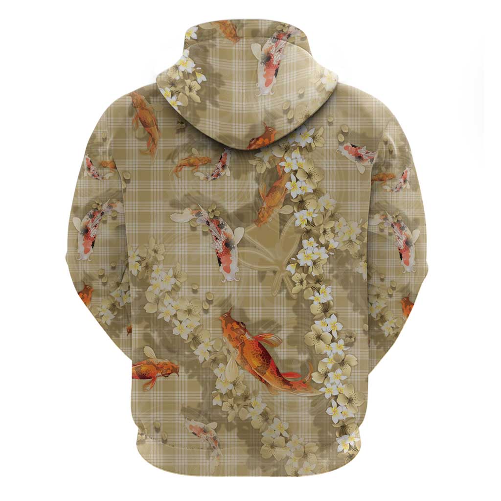 Beige Palaka Hawaiian And Japanese Zip Hoodie Sakura Lei With Koi Fish DT05 - Polynesian Pride