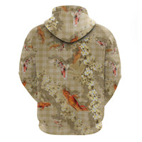 Beige Palaka Hawaiian And Japanese Zip Hoodie Sakura Lei With Koi Fish DT05 - Polynesian Pride