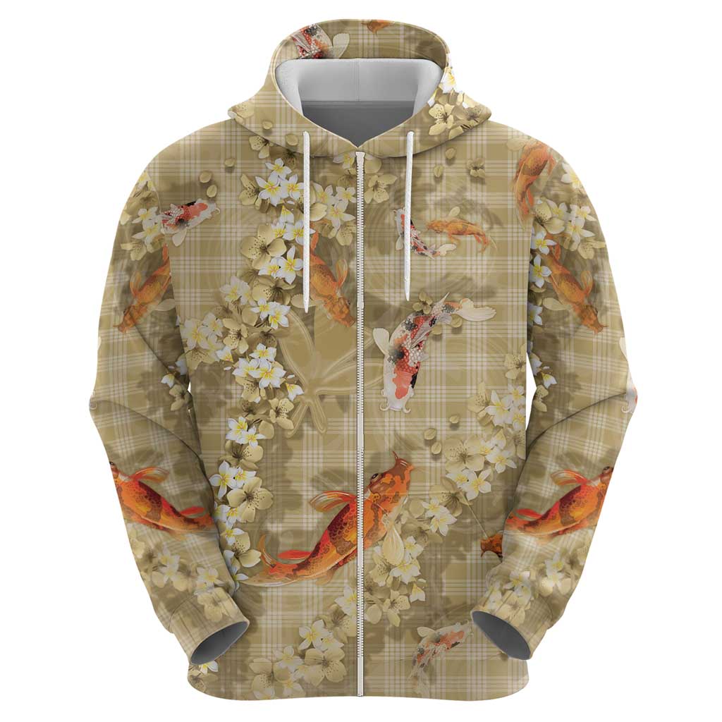 Beige Palaka Hawaiian And Japanese Zip Hoodie Sakura Lei With Koi Fish DT05 - Polynesian Pride