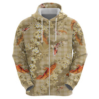 Beige Palaka Hawaiian And Japanese Zip Hoodie Sakura Lei With Koi Fish DT05 - Polynesian Pride