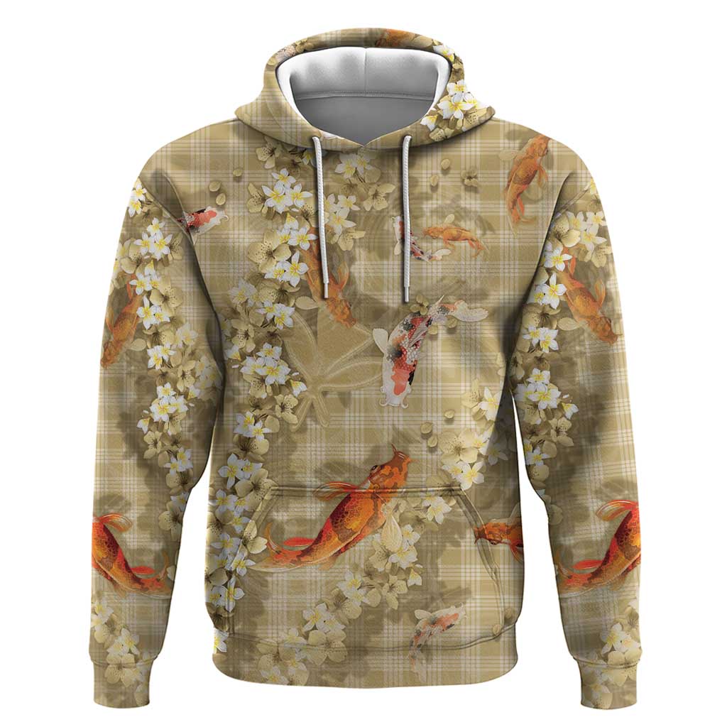 Beige Palaka Hawaiian And Japanese Zip Hoodie Sakura Lei With Koi Fish DT05 Pullover Hoodie Beige - Polynesian Pride