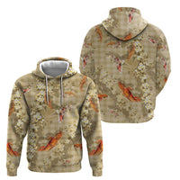 Beige Palaka Hawaiian And Japanese Zip Hoodie Sakura Lei With Koi Fish DT05 - Polynesian Pride