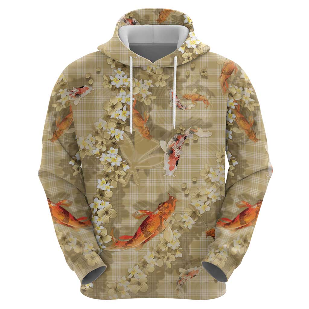 Beige Palaka Hawaiian And Japanese Zip Hoodie Sakura Lei With Koi Fish DT05 - Polynesian Pride