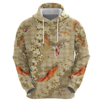 Beige Palaka Hawaiian And Japanese Zip Hoodie Sakura Lei With Koi Fish DT05 - Polynesian Pride