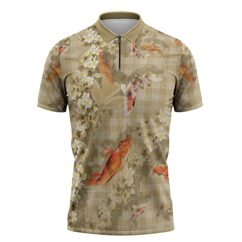 Beige Palaka Hawaiian And Japanese Zipper Polo Shirt Sakura Lei With Koi Fish - Polynesian Pride