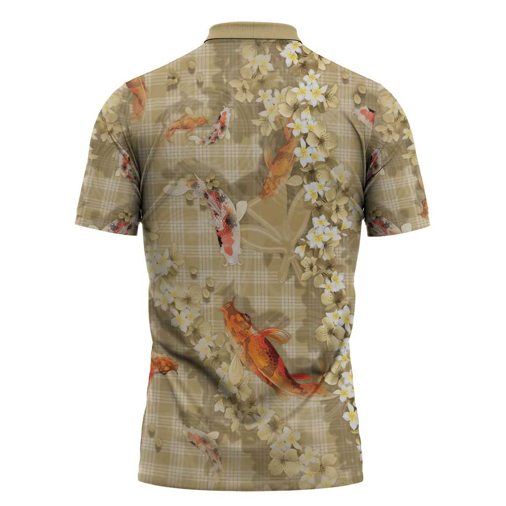 Beige Palaka Hawaiian And Japanese Zipper Polo Shirt Sakura Lei With Koi Fish - Polynesian Pride