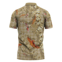 Beige Palaka Hawaiian And Japanese Zipper Polo Shirt Sakura Lei With Koi Fish - Polynesian Pride