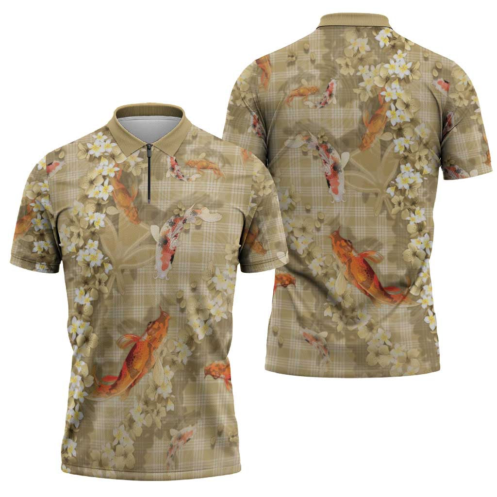 Beige Palaka Hawaiian And Japanese Zipper Polo Shirt Sakura Lei With Koi Fish - Polynesian Pride