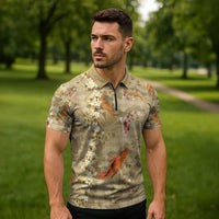 Beige Palaka Hawaiian And Japanese Zipper Polo Shirt Sakura Lei With Koi Fish - Polynesian Pride