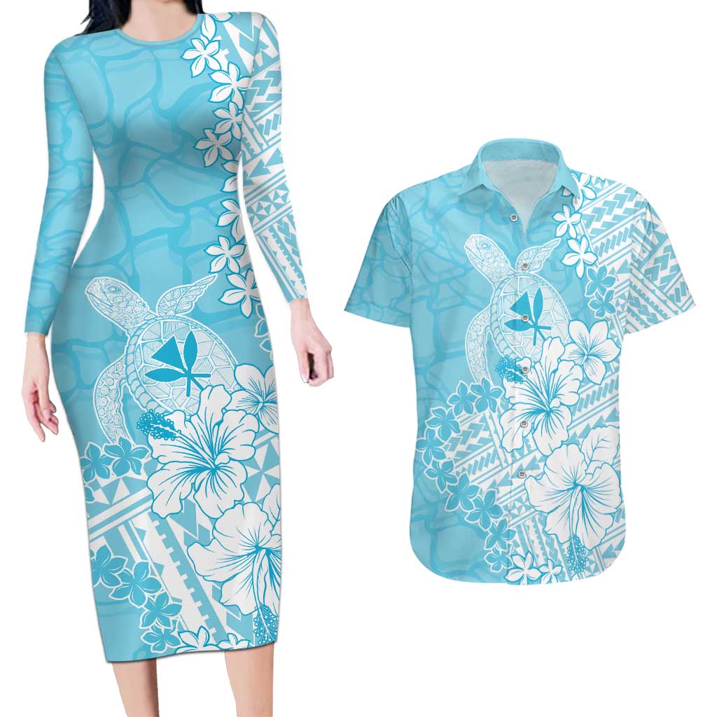 Hawaii Kanaka Maoli Couples Matching Long Sleeve Bodycon Dress and Hawaiian Shirt Polynesian Turtle Tattoo
