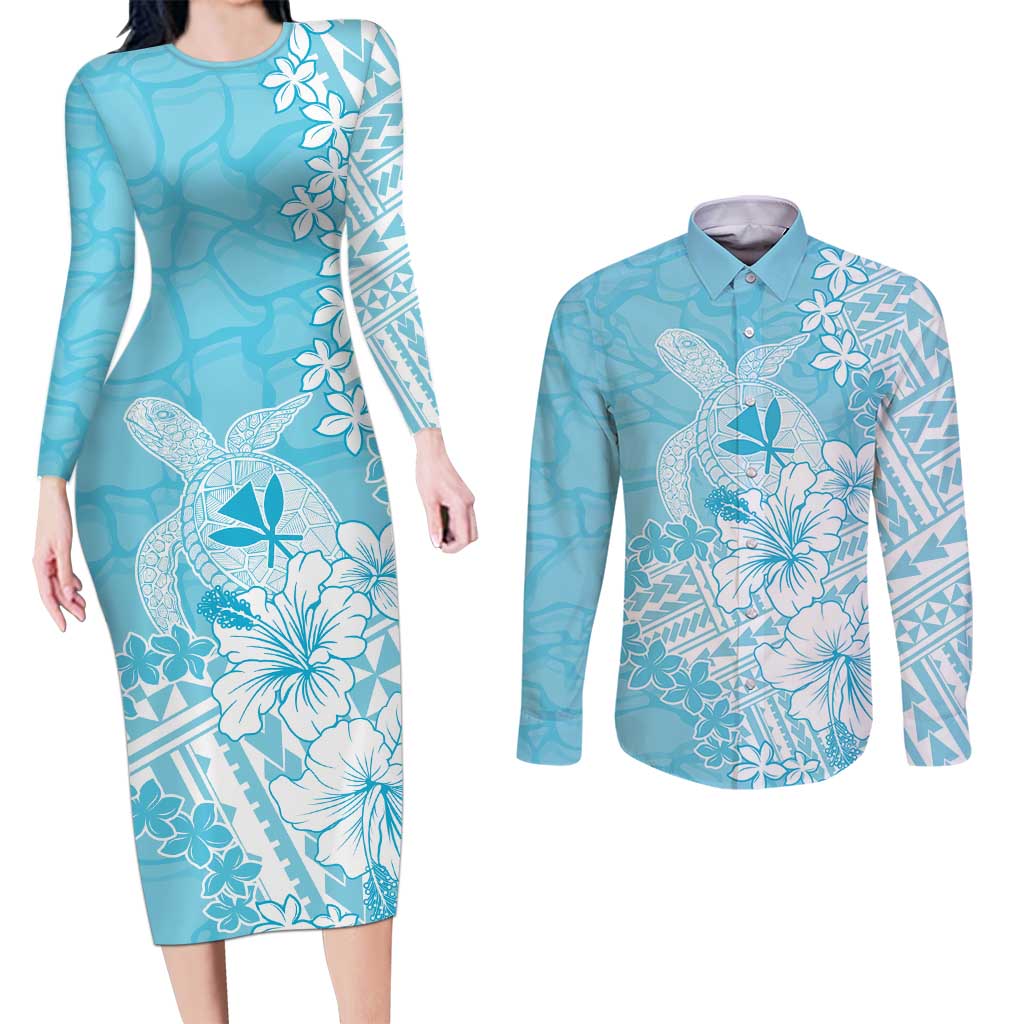 Hawaii Kanaka Maoli Couples Matching Long Sleeve Bodycon Dress and Long Sleeve Button Shirt Polynesian Turtle Tattoo