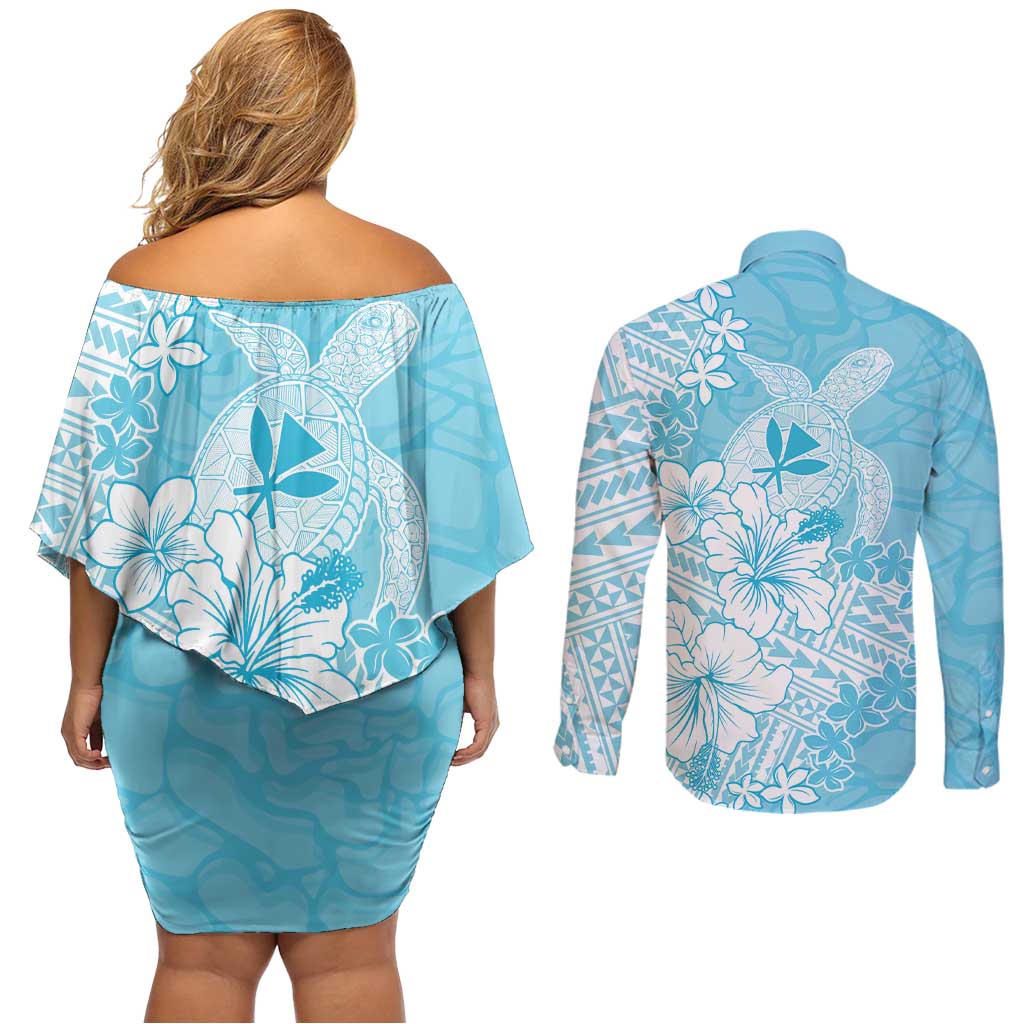 Hawaii Kanaka Maoli Couples Matching Off Shoulder Short Dress and Long Sleeve Button Shirt Polynesian Turtle Tattoo