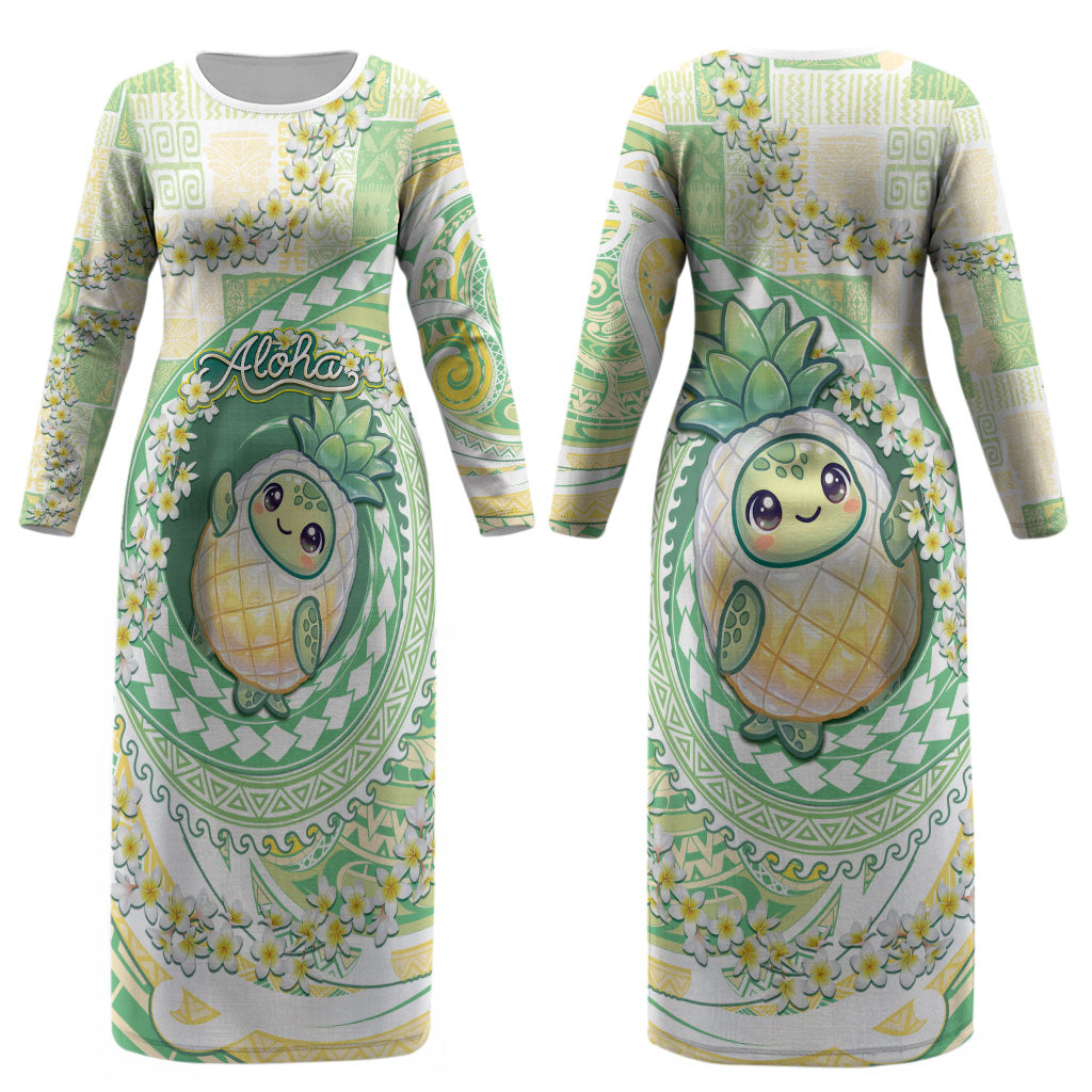 Hawaii Pineapple Couples Matching Long Sleeve Bodycon Dress and Hawaiian Shirt Cute Cosplay Turtle Plumeria Spiral