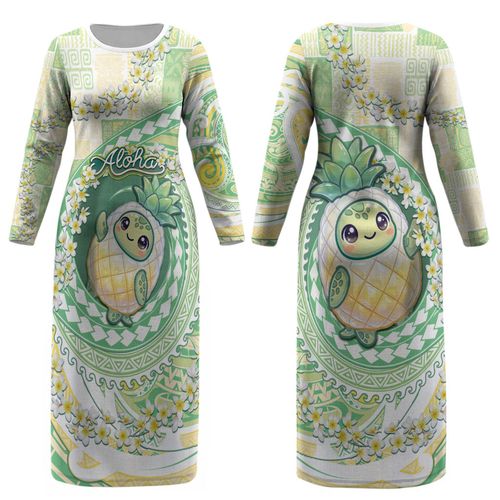 Hawaii Pineapple Couples Matching Long Sleeve Bodycon Dress and Long Sleeve Button Shirt Cute Cosplay Turtle Plumeria Spiral
