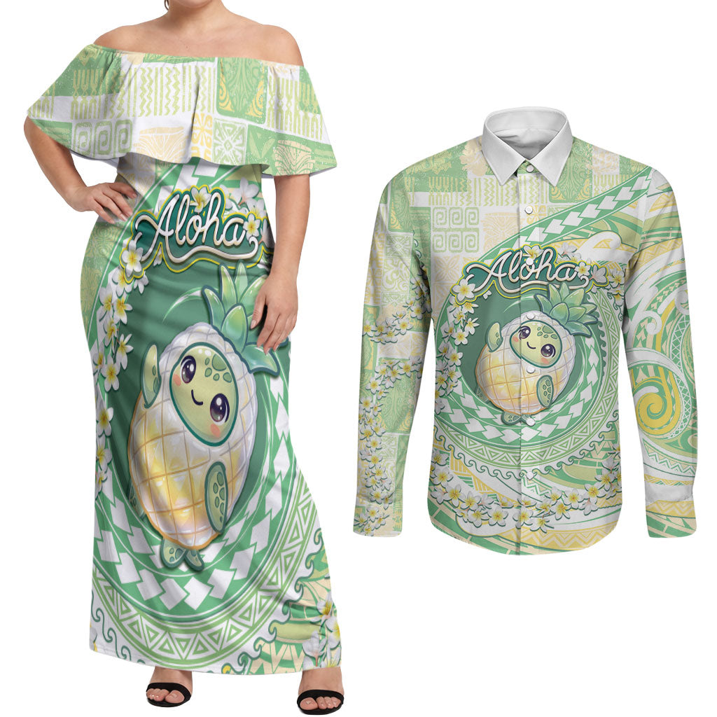 Hawaii Pineapple Couples Matching Off Shoulder Maxi Dress and Long Sleeve Button Shirt Cute Cosplay Turtle Plumeria Spiral